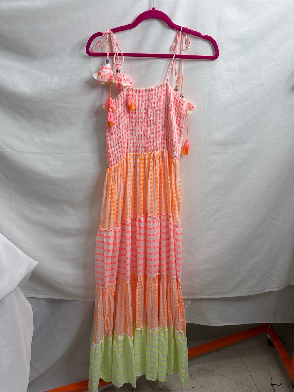 Tiered Tie-Shoulder Maxi Dress in Pink, Orange & Lime